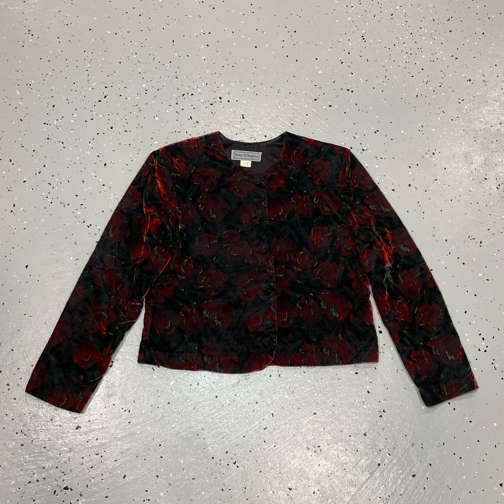 Vintage Norton McNaughton Women’s Blazer Velvet Floral Size 14 Large Black Red